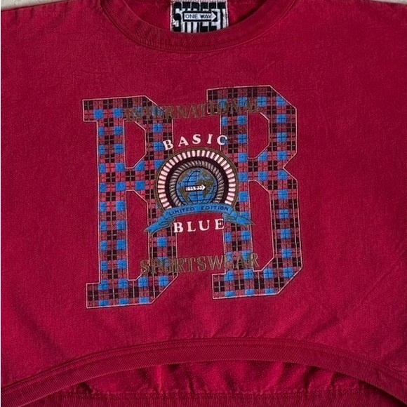 VTG 90s L/XL One Way Street Boxy CroppedSweatshirt Red Plaid Graphic Made in USA - Picture 8 of 10